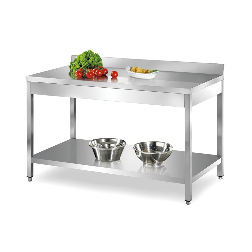 TECNA FOOD Tavolo da lavoro in acciaio INOX con ALZATINA e RIPIANO INFERIORE per cucine professionali bar hotel - profondità 70 cm - altezza 85 cm regolabile (70X70X85cm)