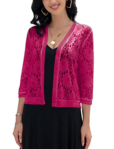 Image of FindThy Women's Floral Lace Shrug Cardigan 3 /4 Sleeve Crochet Bolero Jacket