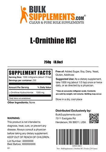 Bulksupplements.com L-Ornithine Hcl Powder - Amino Acid Supplement For Protein Synthesis - Gluten Free - 1G (1000Mg) Per Serving, 250 Servings (250 Grams - 8.8 Oz) #TOP1