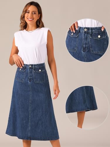 Allegra K Long Jean Skirts for Women's High Waisted Flap Pocket A-Line Vintage Denim Maxi Skirt2