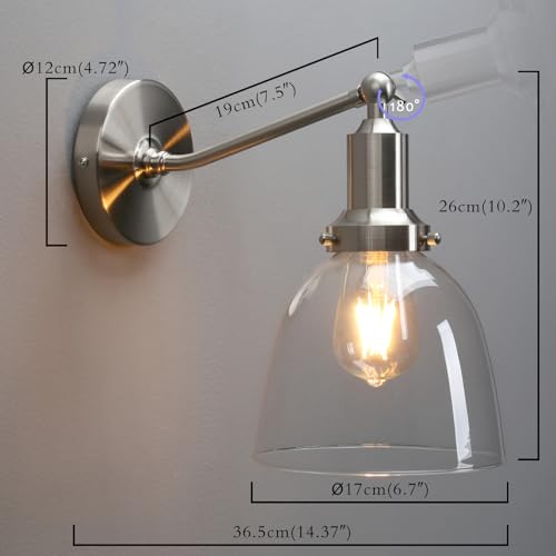 Image of PERMO Industrial Vintage Slope Pole Wall Mount Single Sconce with 6.7 inch Oval Dome Clear Glass Shade Wall Sconce Light Lamp Fixture (Brushed Nickel)