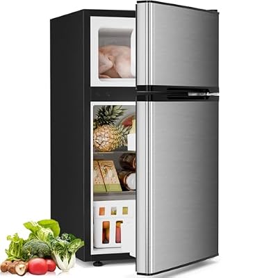Antarctic Star Compact Refrigerator with Freezer,2 Door Mini Fridge,Adjustable Shelf,Adjustable Thermostat,for Bedroom,Office,Dorm,Kitchen,3.2 Cu.Ft.Silver