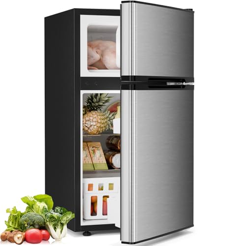 Antarctic Star Compact Refrigerator with Freezer,2 Door Mini Fridge,Adjustable Shelf,Adjustable Thermostat,for Bedroom,Office,Dorm,Kitchen,3.2 Cu.Ft.Silver