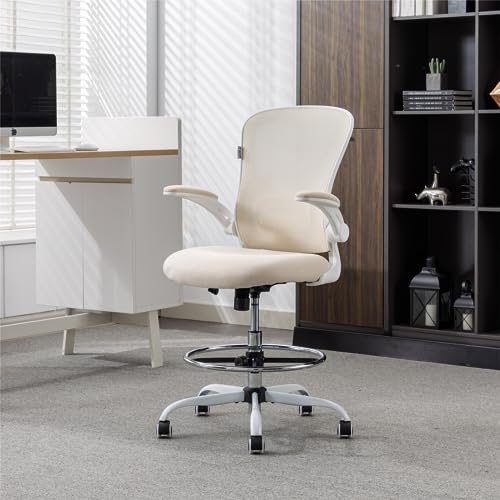 Drafting Chair Tall Office Chair, Standing Desk Chair 3.9'' Cushion, Ergonomic Mesh Computer Chair with Adjustable Foot Ring & Flip-Up Arm, Executive Rolling Swivel Stool for Office & Home. (Beige) Drafting Chair Tall Office Chair, Standing Desk Chair 3.9'' Cushion, Ergonomic Mesh Computer Chair with Adjustable Foot Ring & Flip-Up Arm, Executive Rolling Swivel Stool for Office & Home. (Beige)