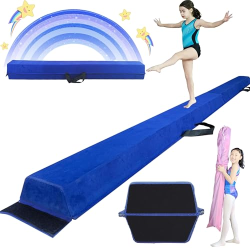 FC FUNCHEER 6FT/9FT Folding Balance Beam for Kids- Gymnastics Foam Floor Beam,Anti-Slip Bottom with Carrying Bag, Faux Suede Covered,Gymnastics Equipment for Home (Faux Suede, Blue, 8FT)