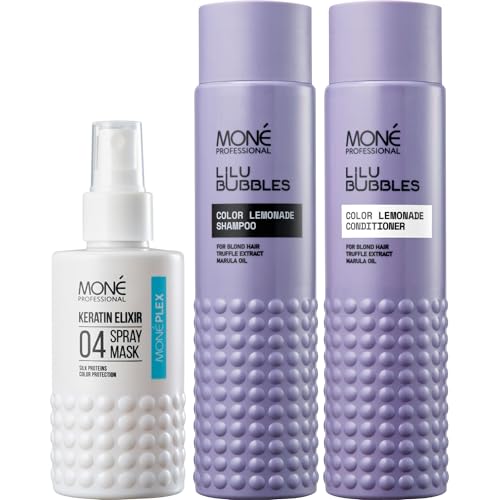 MONÉ PROFESSIONAL - Set Cuidado Cabello Rubio y Decolorado: Spray 10 en 1 Sin Aclarado (150 ml), Champú Nutritivo (300 ml) y Acondicionador Restaurador Color (300 ml)