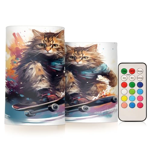 ALAZA 3440-cat Flickering Flameless Candles Battery Operated with Remote Timer,Tea Light Candles LED Pillar Votive Candles Set of 2 for Outdoor Indoor Decorations