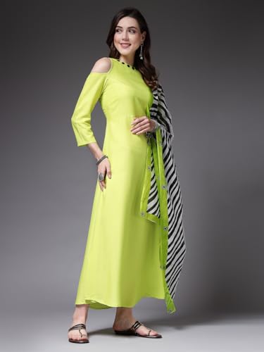 Stylum Women's Solid Rayon A-Line Kurta With Dupatta (Kdgreencolder44_Lime Green, Xxl)