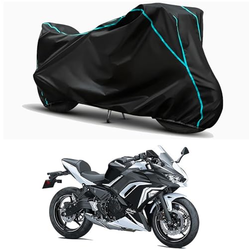 Image of Waterproof Bike Body Cover Compatible for | KawasaNinja 650 STD | Taffeta Fabric, Sky Piping Design, Bottom Elastic Fit | Dustproof, Sun UV & Rain Protection for All Weather.