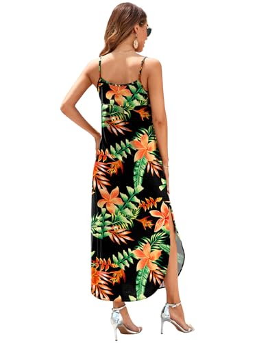 Image of HUSKARY Women's Summer Casual Sleeveless V Neck Strappy Split Loose Dress Beach Cover Up Long Cami Maxi Dresses with Pocket