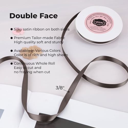VATIN Valentine's Day Double Face Dark Olive Satin Ribbon 3/8" Continuous 50 Yards,Dark Olive Polyester Fabric Ribbon use for Flower Bouquet, Gift Wrapping, Wedding Decor, Bows Making - Thumbnail 2