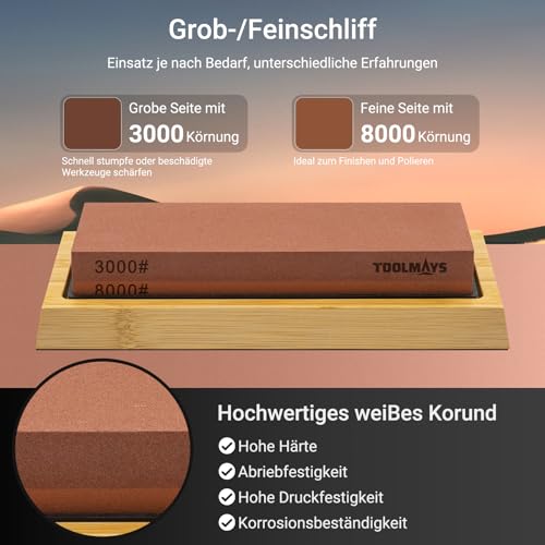 TOOLMAYS Schleifstein Set Körnung 3000/8000 Abziehstein, Japanischer Messerschärfer Stein mit Rutschfeste Bambusbasis, Winkelführung und doppelseitiger Korrekturstein, Wetzstein