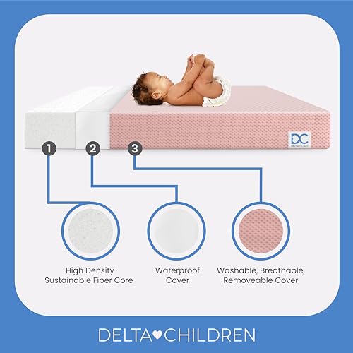 Image of Delta Children Twinkle Stars Crib and Toddler Mattress with Breathable, Removable Machine-Washable Cover - GREENGUARD Gold - Waterproof Baby Bed - Sustainably Sourced Fiber Core - 52 inchLx27.5 inchW, Pink