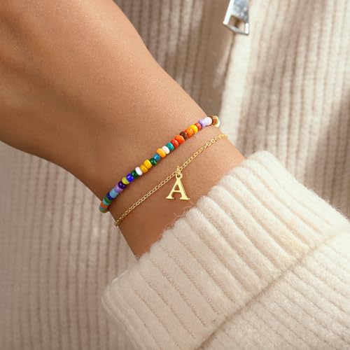 Turandoss Colorful Beaded Initial Bracelets for Teen Girls Women Gifts - 18K Gold Plated Cute Initial Bracelets for Girls Jewelry Teen Girl Gifts Trendy Stuff Birthday Gifts for Girls2