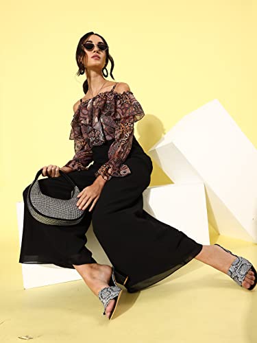 Image of Miss Chase Women's Multicoloured-Base-Black Off-Shoulder Ruffled Sleeve Animal Print Frilled Regular Jumpsuit