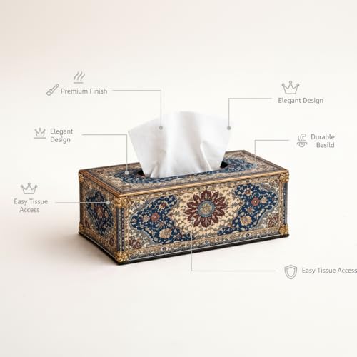 Image of Wooden Tissue Box Holder with Royal Mughal Regal Print Premium Decorative Tissue Case for Home, Office & Luxury Interiors Durable MDF Build 6.5 x 5 x 3 Inch