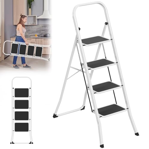 LARS360 Trittleiter Klappbar 4 Stufen – Stahl Klappleiter mit Anti-Rutsch Stufen, 150 kg belastbar, Faltbare Leiter Stehleiter für Haushalt, Küche, Büro, platzsparend nur 5 cm (Schwarz + Weiß)