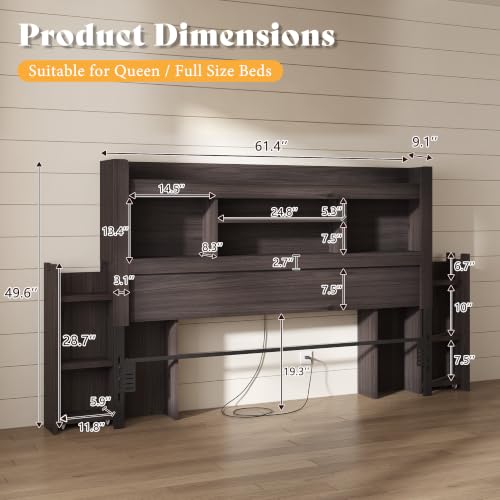 Image of AMERLIFE Queen /Full Size Wood Headboard Only with Storage, Black Oak