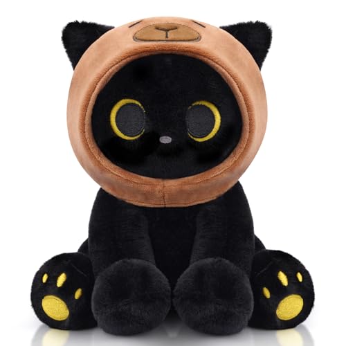 Image of Capybara Plush Stuffed Cat, 8inch Black Cat Plush Wear Capybara Hood, Cute Kitten Plushies Kawaii Huggable Gift for Kids, Boys, Girls, Birthday