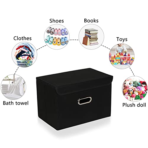 Sevendome Fabric Foldable Collapsible Storage Cube Bin Organizer Basket With Lid, Handles, Removable Divider For Home, Closet (Black, 3Pcs) #TOP4