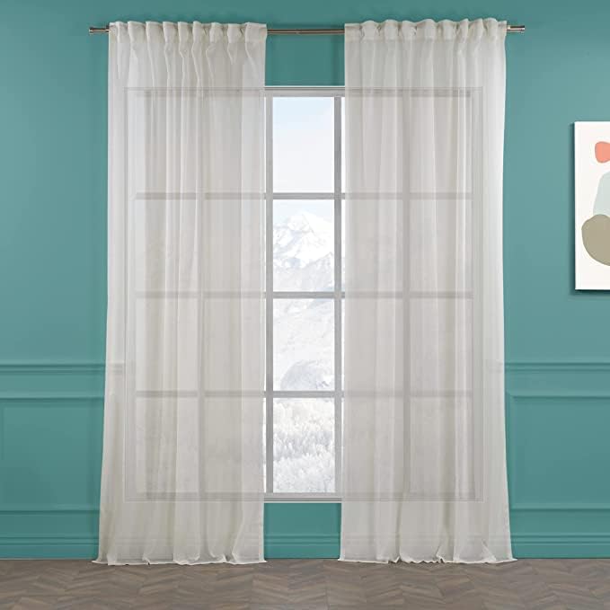 Extra Long Cream Linen Look Set of 2 Sheer Curtains Back Tab Home Décor Window Custom Made Drapes -Made in Turkey Each(100" W x108 L)