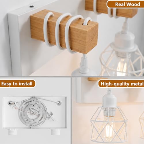 Image of Farmhouse Vanity Light Fixture,2-Light Bathroom Lighting,White Modern Wood Wall Light Over Mirror with Metal Shade