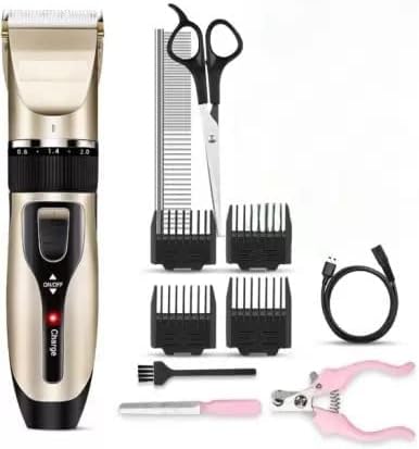 DEMOKRAZY Unisex Professional Automatic Rechargeable Pet Hair Trimmer For Dogs&Cats Pet Grooming Hair Clippers Dog Trimmer, Adaptor,Battery Powered, Gold