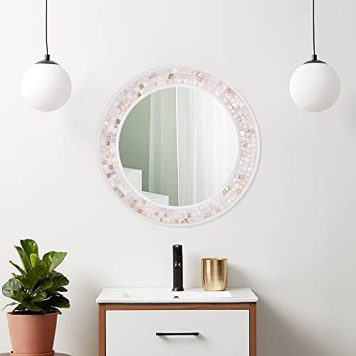 Tanmicoshomy Round Wall Mirror 20 Inch Circle Mosaic Mirror With Natural Mother Of Pearl And Wooden Frame, Hanging Decorative Wall Mirror,For Entryway, Living Room Or Bathroom（Nature White） #TOP7