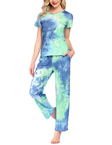 Hotouch Womens Short Sleeve with Pants Pajamas Tie Dye Night Sleepwear Ladies Pj Seep Sets, XL