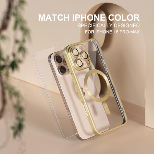 Image of Misea Magnetic for iPhone 16 Pro Max Case Compatible with MagSafe | Never Yellowing, Military Drop Protection, Full Camera Lens Protector Plating Soft Clear Phone Case Women, Titanium Gold