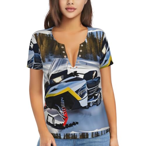 WBQLSL Advanced Snowmobile Pattern Sexy V-Neck Printed Short T-Shirt, Travel Portable Fitness Clothes, Home and Outdoor wear, Black, XL