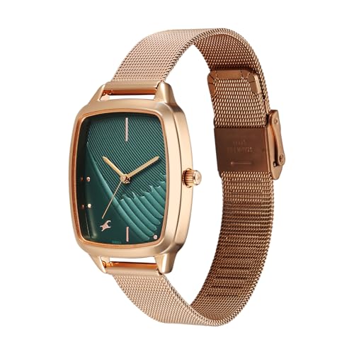 Image of Fastrack Wild Bird Feather Dark Green Dial Rose Gold Stainless Steel Strap Watch for Women - 6321WM04