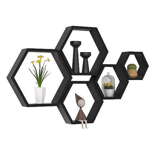 WONFUlity Juego de 5 estantes flotantes hexagonales, estantes de panal de abeja, estantes de pared de madera para baño, cocina, dormitorio, sala de estar, decoración de pared con acabado de madera