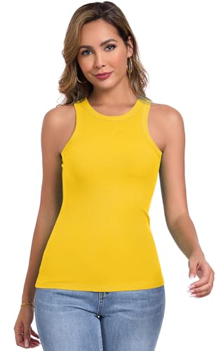 Qaffier Tank Top for Women High Neck Sleeveless Slim Fitted Summer Workout Tops Cotton Ribbed Racerback Shirts2