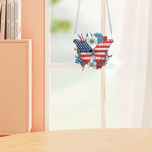 Image of 4th of July Diamond Painting Hanging Ornament Kit, Patriotic American Flag Butterfly Wreath DIY Diamond Art Acrylic Pendant, Diamond Painting Kit for Adults Independence Day Home Window Wall Decor