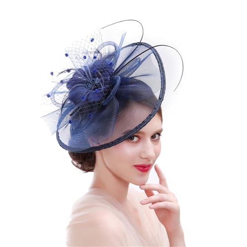 Chapeau de mariée raffiné bleu marine avec ornements de plumes pour grand confort