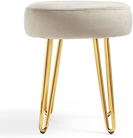 BTFY Grey Velvet Stool  Round Dressing Table Stool with Gold Hairpin Legs  Upholstered Footstool Footrest, Cushioned Vanity Seat Chair for Bedroom, Living Room, Home Office, Fitting Room
