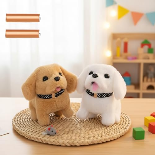 Image of (2 Pcs White + Brown Battery Operated Walking Talking Dog Toy with Sound, Jumping, Nose Twitch, Barking & Voice Repeat | Realistic Toy for Girls & Boys & Kids & Toddlers