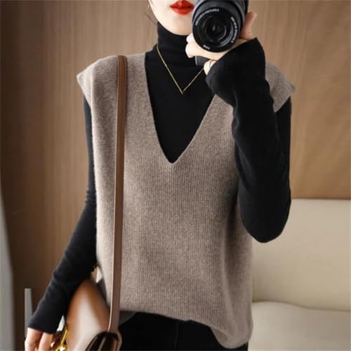 Generic 8S1027 Autumn Winter Women Knitted Cashmere Sweater Vest Korean Sleeveless V-Neck Pullover Female Vest Loose Tops Beige thumb #1