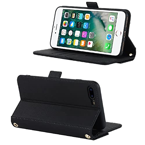 Image of Crossbody Wallet for iPhone 7 Plus /iPhone 8 Plus Case with Adjustable Lanyard Strap Credit Card Holder 5.5 inch,PU Leather Handbag Purse Kickstand Make Up Mirror Cover Case for Men Women Girl,Black