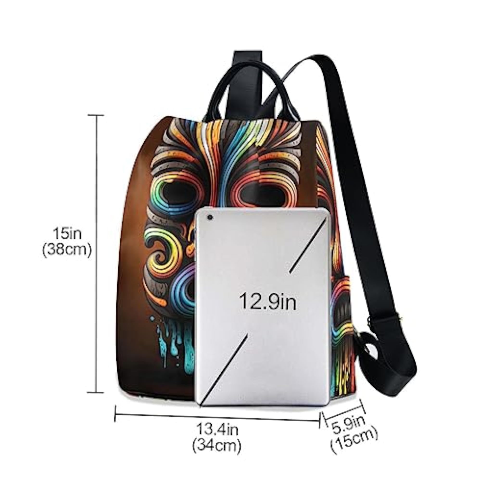 Women's Bright Painted Tiki Backpack, Fashion Anti-Theft Daypack