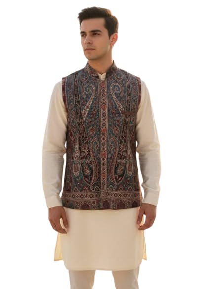 KASHMIRI PASHMINA KAANI WAIST COAT FOR MEN || SIZE : 38'' || Made from fine wool || popular for weddings, festive occasions, offering a blend of traditional artistry and comfort.-image-36