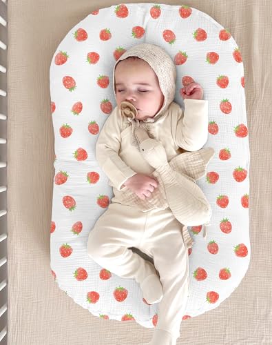 Image of Muslin Baby Lounger Cover 2 Pack, Soft Breathable Newborn Lounger Pillow Cover for Boys Girls Infant (Strawberry & Pale Pink)
