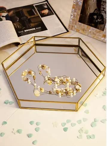 Image of Glass and Mirror Base Jewelry Tray, Mirror Base Vanity Tray, Home Table Decor, Makeup Organizer (Size - 10x8.5x1.5 inches)