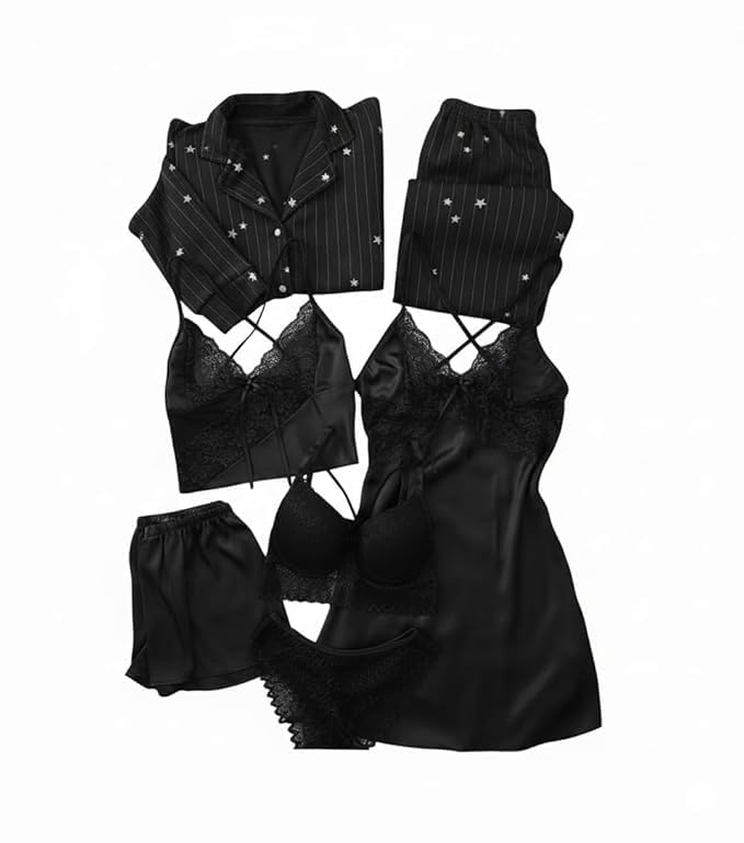 Image of Valentine's Day Fancy Night Suit Bath Robe Dress & Bra Penty Set Combo for Women's Pack of 7 Pcs Nightwear Lingerie Silk Wedding Gifts Lace Nightsuit Set Black (Free Size)