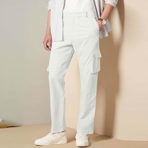 Cargo Pants for Mens Solid Color Multi-Pocket Zipper Button Work Pants Long Outwear Casual Trousers Fitted3