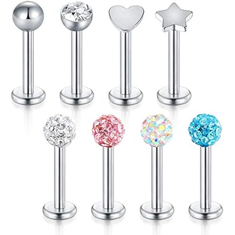 FECTAS 8pcs Lip Labret Stud Stainless Steel 16G 8mm Bars Tragus Monroe Helix Cartilage Piercing Jewellery Cover