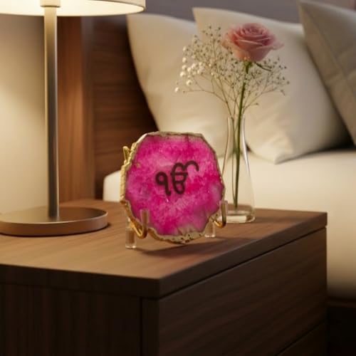 Image of Ik Onkar Metal Holder with Pink Agate, Festive Home Decor Showpiece for Temple, Meditation and Prayer Room, Perfect Decorative Corporate Gift, Housewarming and Spiritual Spaces