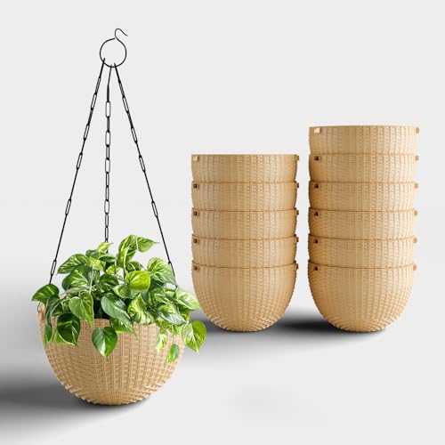 Image of YUCCABE ITALIA SHERA URO-Basket Plastic Flower Pot with Drainage Holes Round Planter Pot Suitable for Inddor Outdoor Kitchen (Beige, 6 INCH - 12 Pcs)