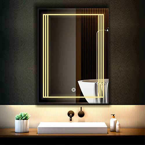 Image of LED Bathroom Wall Mirror with 3 Decorative Lights | Touch Sensor | Warm | Natural and Cool White | for Wash Basin | Bedroom | Dressing Area (Portrait, 18x24)